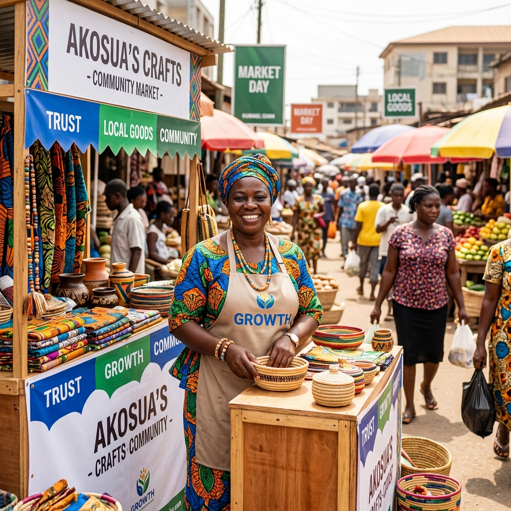 Commerçante locale dans un marché africain animé — symbole de la communauté protégée par EzeMicroAssurance